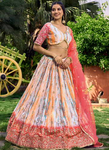 Digital Printed Chinon Silk White And Pink Wedding Wear Lehenga Choli